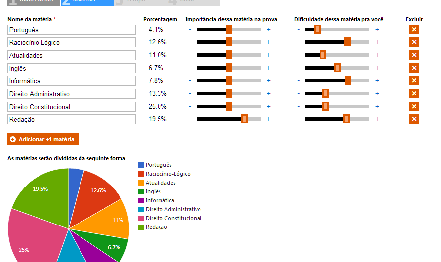 Etapa da adição de matérias na criaçao do plano de estudos